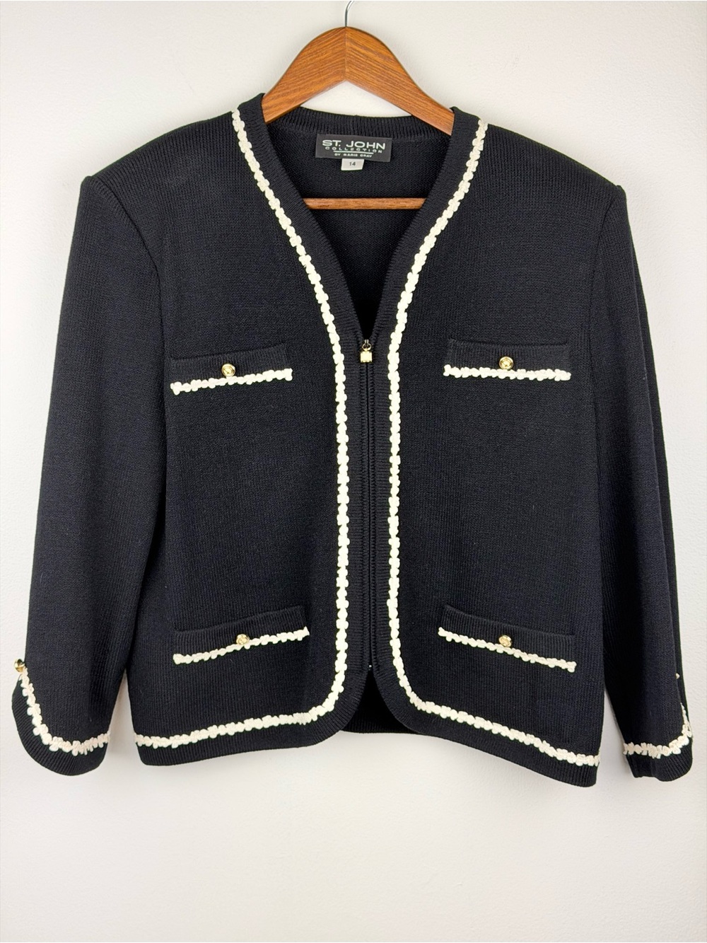 Vintage St. John Collection Black Knit Cardigan with Cream Embroidered Trim